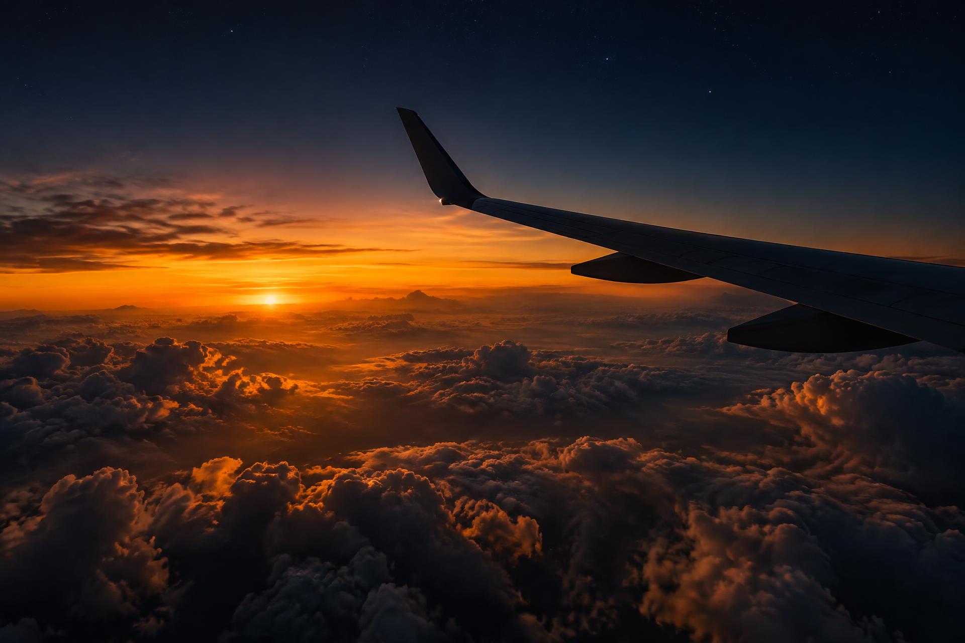 View of an aircraft wing above amber clouds at dusk